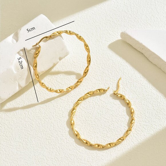 3/$35 Large Statement Gold Twisted Rope Hoop Earrings Stainless Steel Chunky - Picture 4 of 7